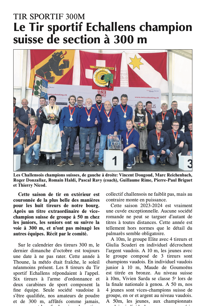 Le Tir sportif Echallens champion suisse de section à 300 m